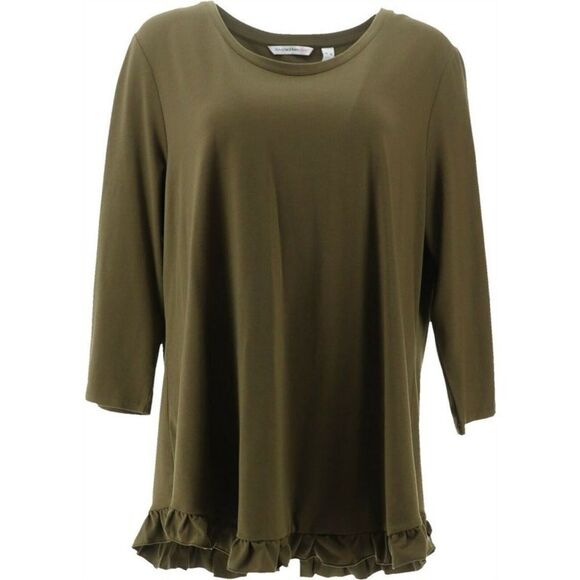 Isaac Mizrahi Live! 3/4-Sleeve Ruffle Curved Hem Knit Top - Picture 2 of 5